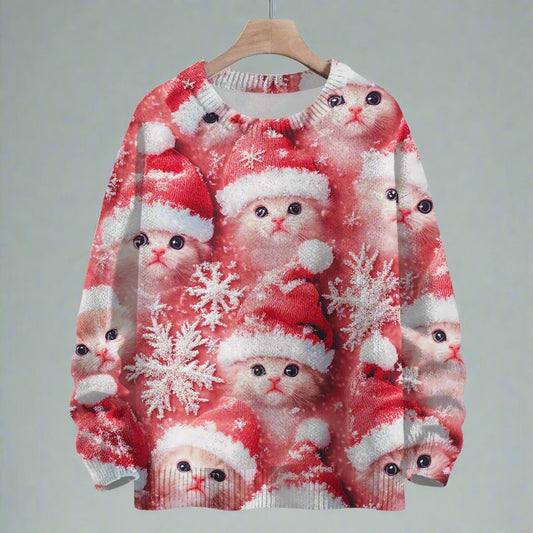 Cute Cat Christmas Sweater- Red - Reindeer Twists