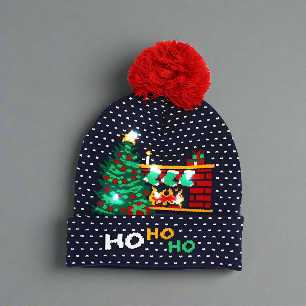 Light Up Christmas Beanie- Black with Red PomPom - Reindeer Twists