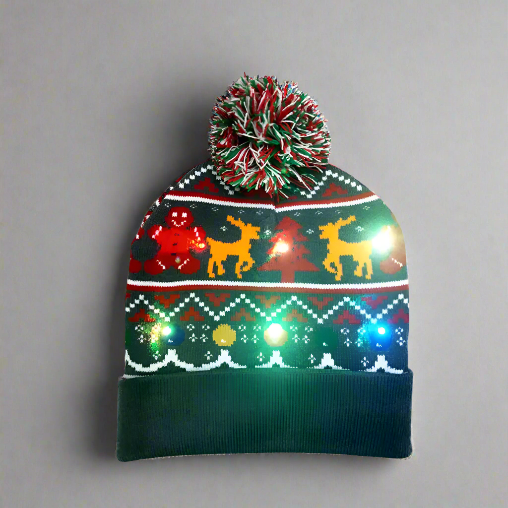 Light Up Christmas Beanie- Deer Black - Reindeer Twists