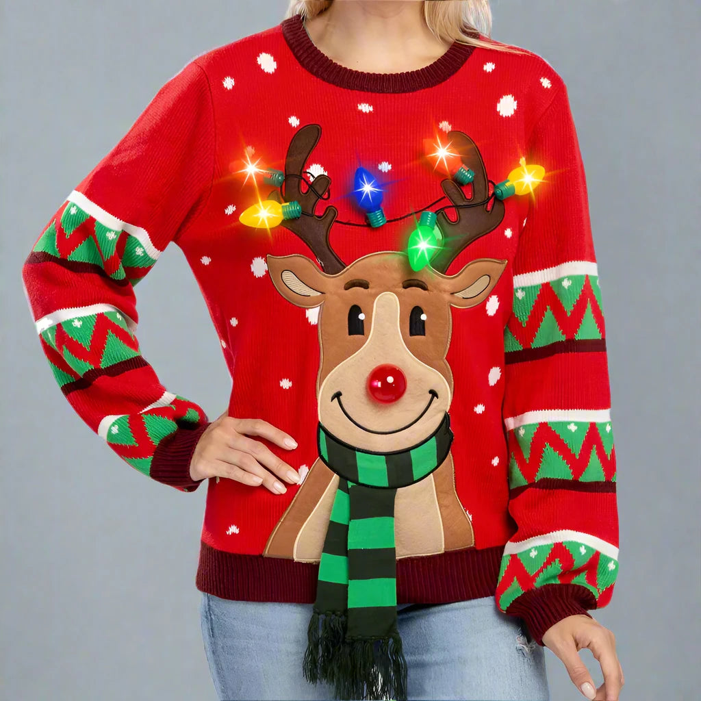 Light Up Reindeer Christmas Ugly Sweater - Reindeer Twists