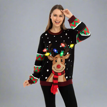 Light Up Reindeer Christmas Ugly Sweater - Reindeer Twists