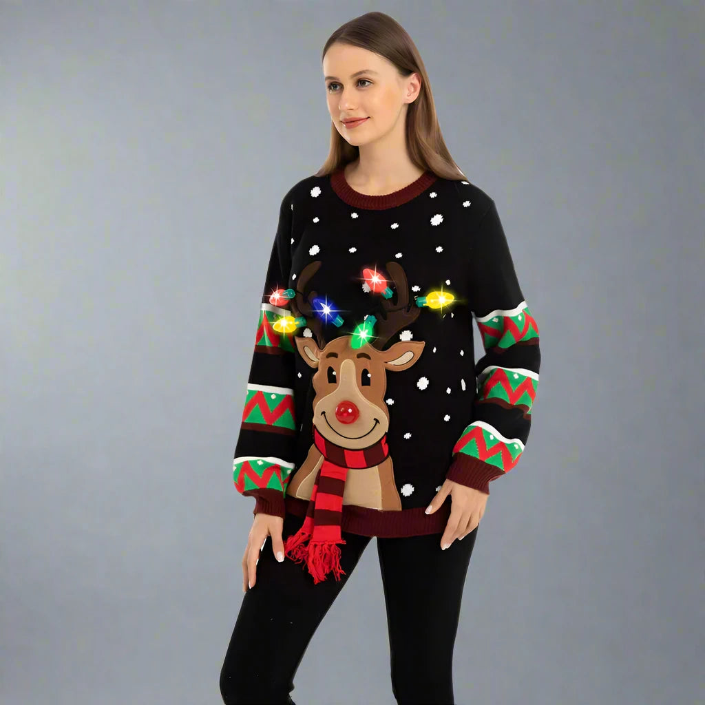 Light Up Reindeer Christmas Ugly Sweater - Reindeer Twists