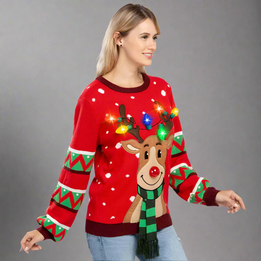 Light Up Reindeer Christmas Ugly Sweater - Reindeer Twists