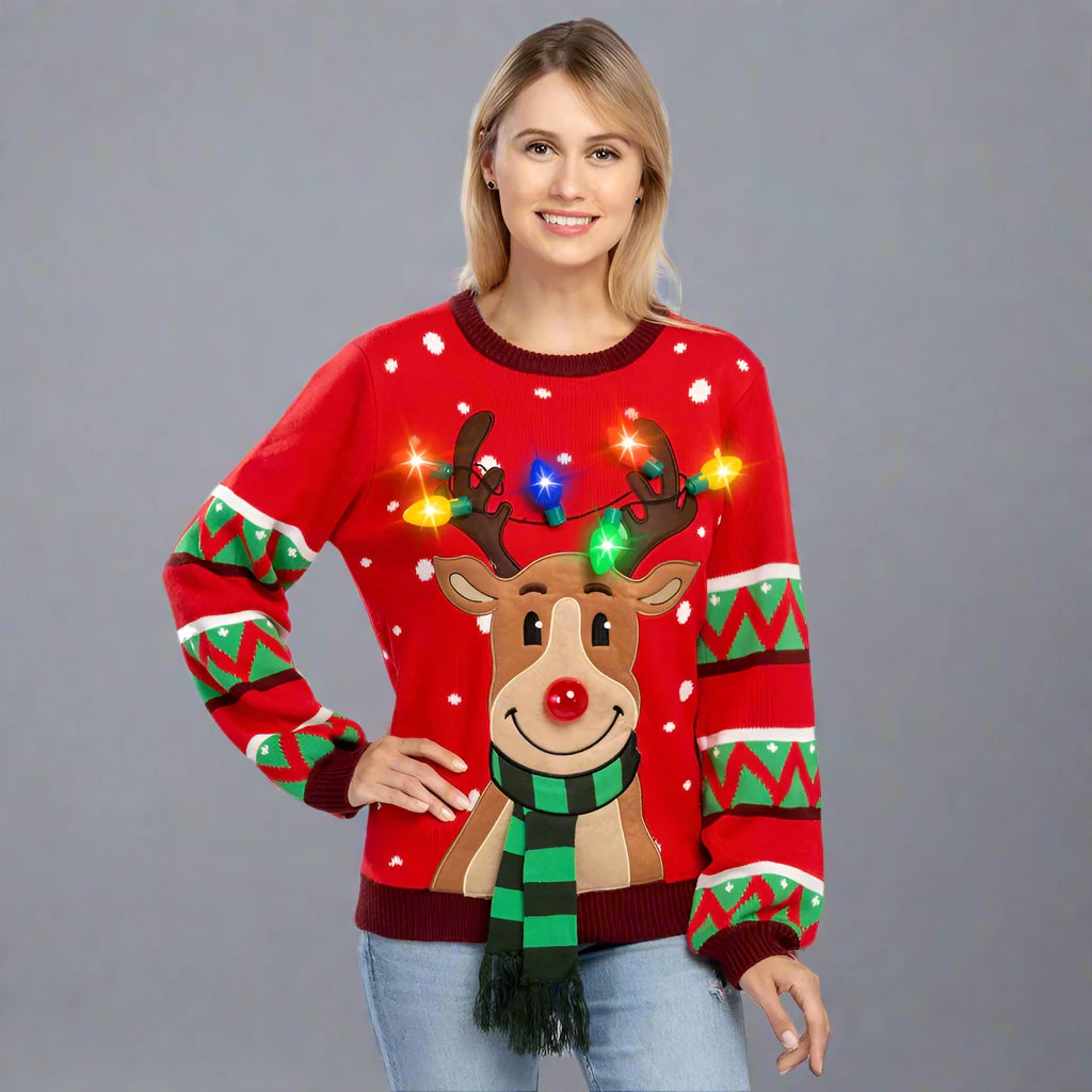 Light Up Reindeer Christmas Ugly Sweater - Reindeer Twists